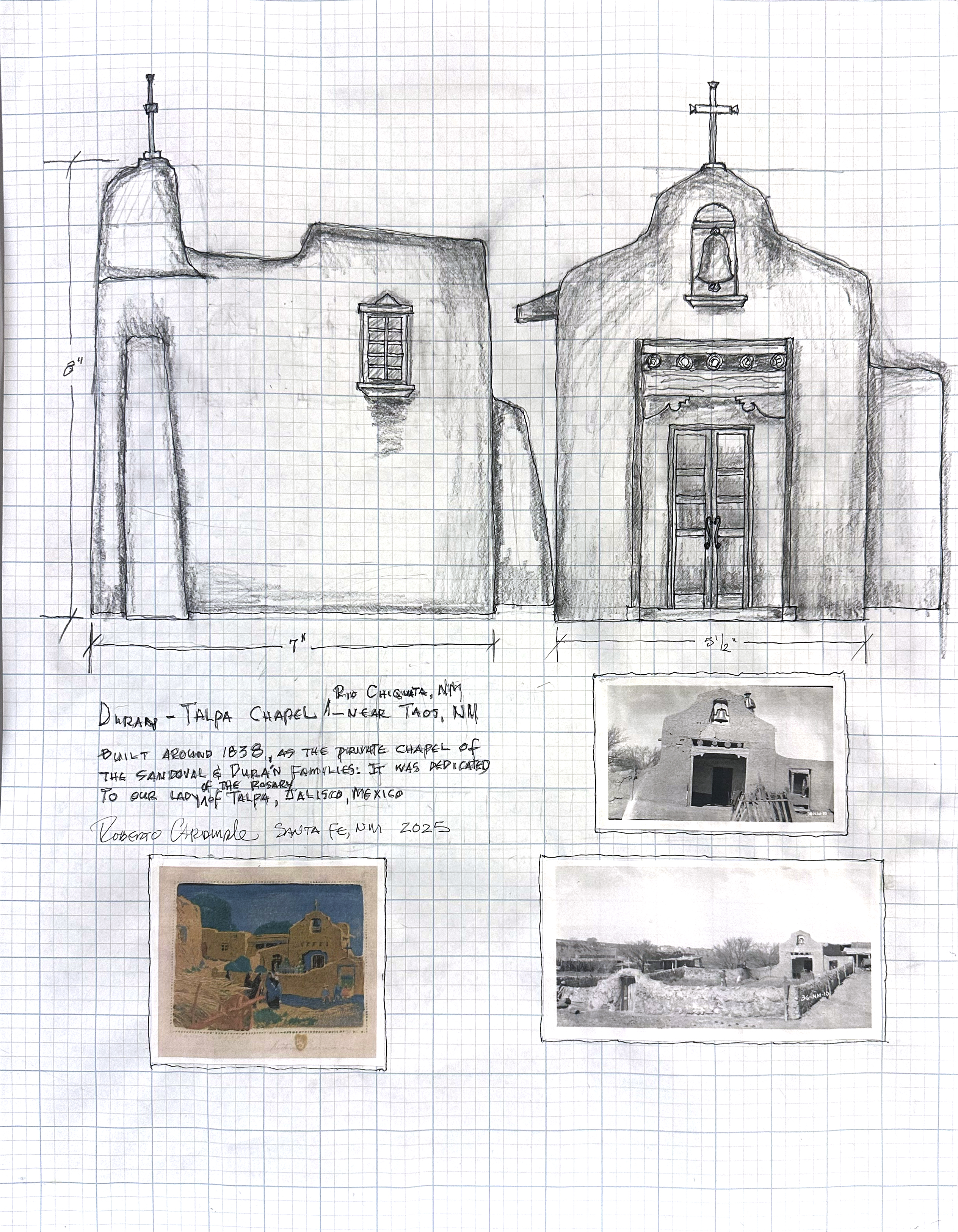 Working drawing of The Talpa Chapel, pencil and ink on grid paper